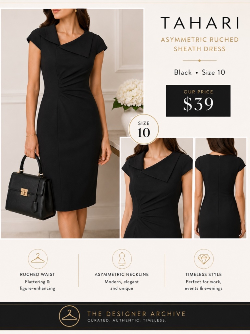 Tahari Black Asymmetric Ruched Sheath Dress Size 10
